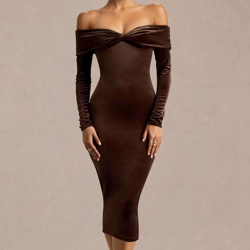 Twisted Off‑Shoulder Long Sleeve Fitted Midi Dress