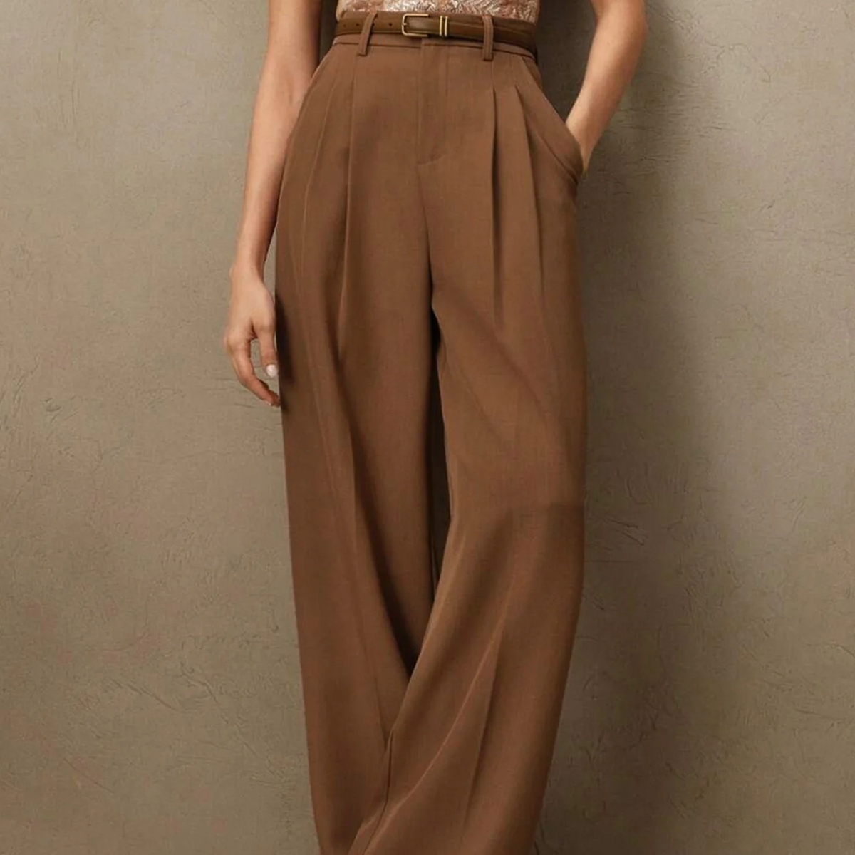 Caramel Natural Waist Pleated Straight‑Leg Pants Trousers