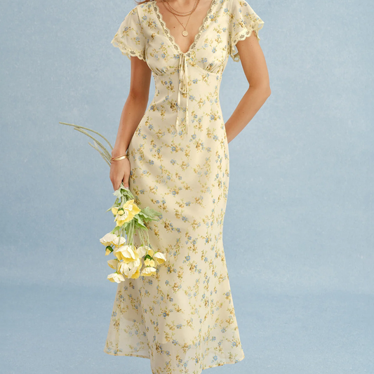 Lace Trim V‑Neck Tie Front Floral A‑Line Maxi Dress